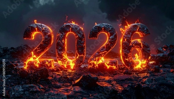 Fototapeta 3D glowing molten lava numbers forming from “2025” into “2026,” volcanic texture, dramatic lighting, fiery high-contrast scene