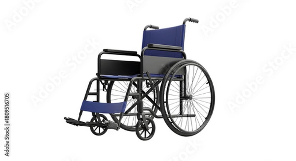 Obraz Blue fabric wheelchair with black metal frame and large spoked wheels isolated on a transparent background