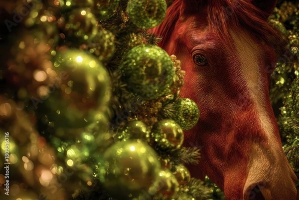 Fototapeta Close-up on a grand, lush New Year tree, meticulously decorated with only shimmering lime green baubles and sparkling green lights