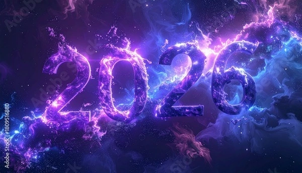 Fototapeta 3D cosmic nebula particles forming numbers “2025” then swirling into “2026,” deep space, stardust, purple-blue glow, mystical