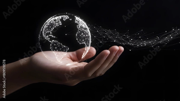 Fototapeta Close up of a human hand cupped upwards with a clear water bubble forming and splashing outwards against a dark background