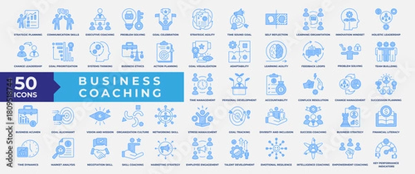 Fototapeta Business coaching icon set, containing communication, skills, executive, solution, training, mentoring, problem solving, adaptability, business acumen and strategy. Simple Blue Vector Illustration.