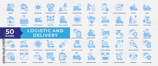 Obraz Logistics and Delivery icon set. Containing supply chain, Logistic, inventory, distribution, route planning, transportation, delivery, planning and management. Simple Blue Vector Illustration.