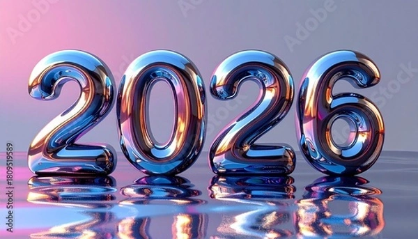 Obraz 3D liquid chrome metallic numbers morphing from “2025  to 2026,” reflective fluid surface, black studio backdrop, sleek futuristic style