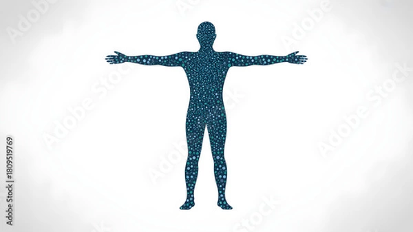 Fototapeta Abstract digital human silhouette with arms outstretched against a subtly textured white background representing technology and connection