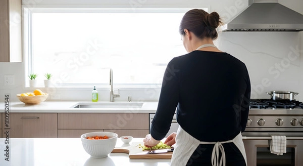 Obraz Culinary Craft: A person in a kitchen skillfully prepares a dish, their back to the camera, embodying culinary expertise and creativity in a modern, well-lit space.