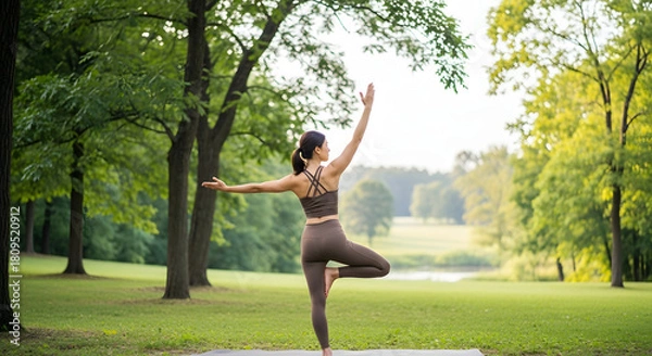 Obraz Yoga Practice in Nature's Embrace: A serene woman performs a tree pose amidst a lush green park, her movements harmonizing with the natural surroundings.