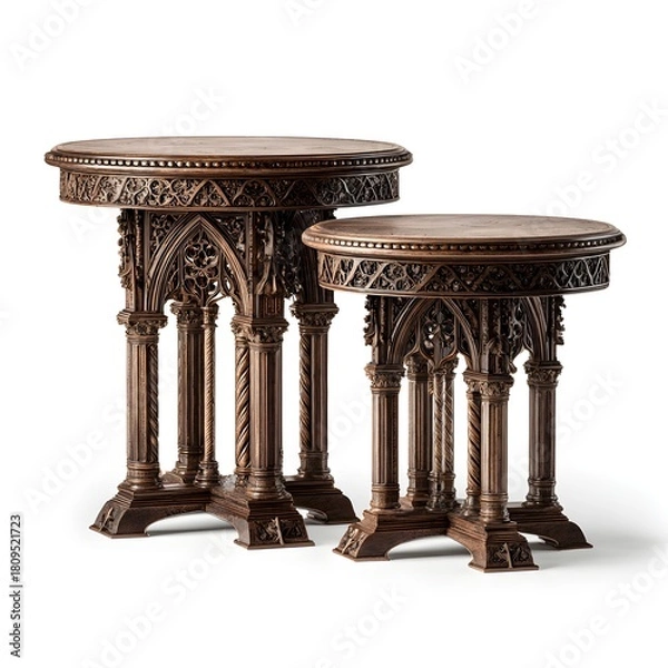 Fototapeta Two ornate antique wooden side tables with intricate carvings and marble tops