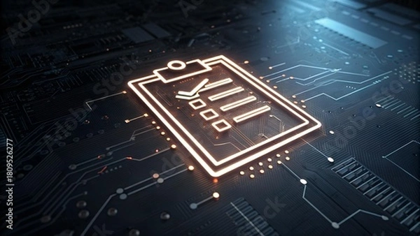 Fototapeta A glowing digital checklist rests atop a complex, dark-toned circuit board