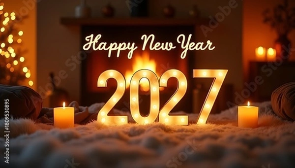 Obraz Happy New Year 2027 warm candles and fireplace with glowing 2027 in cozy winter setting