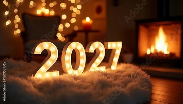 Obraz Happy New Year 2027 illuminated numbers by cozy fireplace with warm candlelight atmosphere