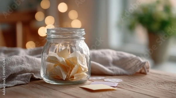 Fototapeta Gratitude Jar with Folded Notes on Wooden Table – Cozy Home Evening, Soft Bokeh Lights, Minimal Still Life, Inspiring Mindfulness and Goal Planning