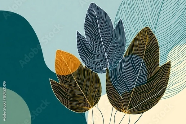 Fototapeta Stylized plant elements creating a modern design background with wavy lines and nature inspired color palette