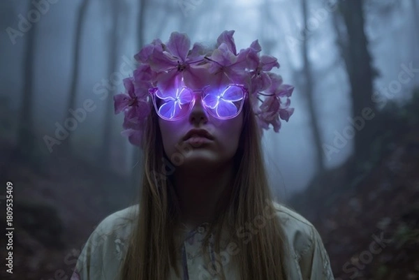 Fototapeta Woman standing in a foggy forest, wearing a floral wreath and glowing glasses reflecting violet flowers, creating a surreal and magical atmosphere