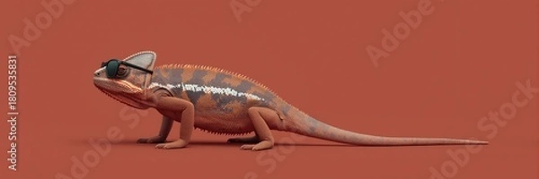 Fototapeta Profile view of a brown and orange chameleon wearing trendy dark sunglasses, standing on a solid terracotta studio background with ample negative space