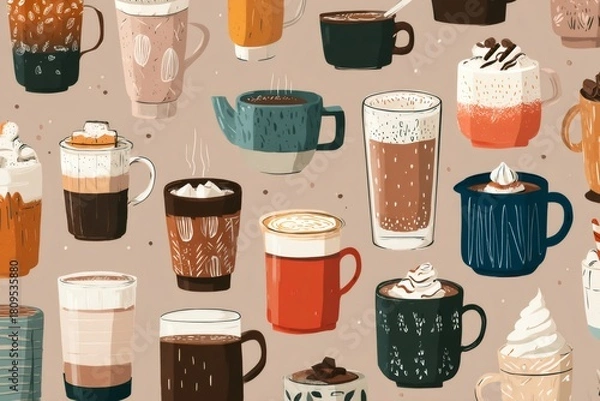 Obraz Repeating pattern featuring different hot drinks like coffee, tea, and chocolate in various cups and mugs