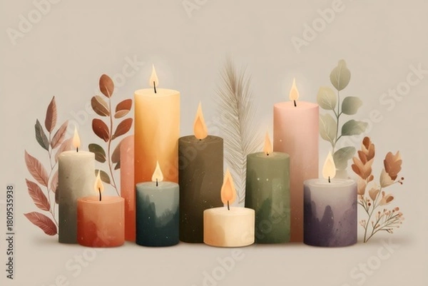 Obraz Watercolor style illustration depicting warm glowing candles and autumn leaves creating a cozy atmosphere