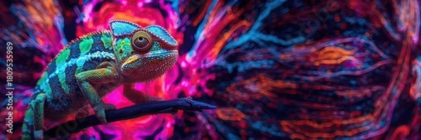 Fototapeta Fantasy chameleon with intricate, multi-colored scales and a curled tail, surrounded by glowing abstract smoke and swirling neon light trails on a dark background