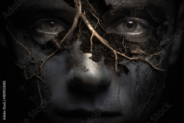Obraz Human face with skin resembling cracked earth, showing exposed roots on a dark background. Nature and human connection concept
