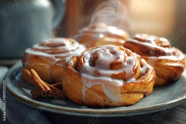 Obraz Freshly baked sweet cinnamon rolls with white sugar icing and steaming on a rustic plate, ready for breakfast