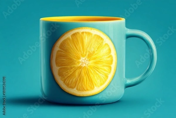 Obraz Teal coffee mug with yellow inside and a bright lemon slice on its side, symbolizing refreshment and healthy beverages
