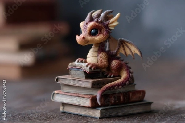 Fototapeta Charming dragon figurine sitting atop a pile of antique books, a miniature open book in its paws, symbolizing learning