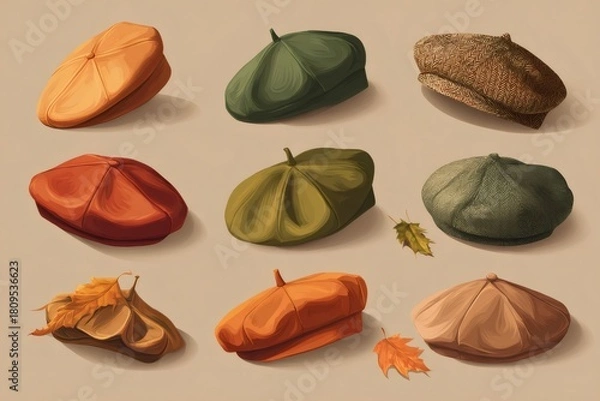 Obraz Autumn flat caps and berets in assorted fabrics and warm fall tones, styled with oak leaves for vintage seasonal fashion