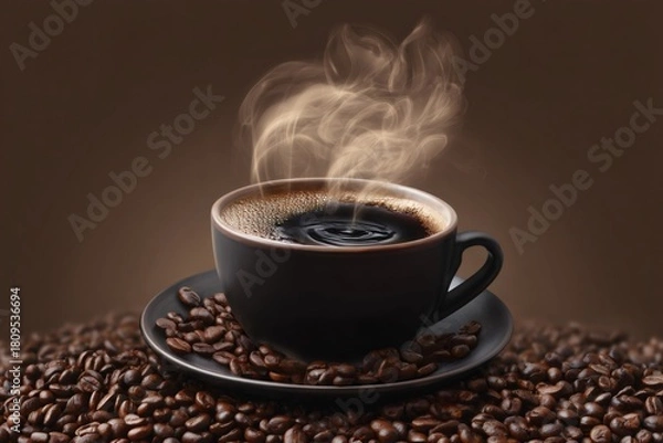 Fototapeta Hot coffee steaming in a black cup, sitting on a saucer surrounded by a pile of fresh roasted coffee beans