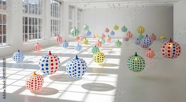 Obraz Colorful polka dot sculptures in bright white art gallery space