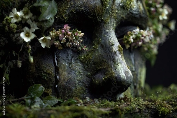 Fototapeta Ancient woodland ghostly figure with moss and flowers covering the face, water dripping like tears from the eye