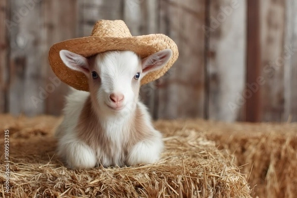 Fototapeta Baby goat in a straw hat resting on a hay bale in a rustic barn, fluffy and curious, capturing charming farm life moments