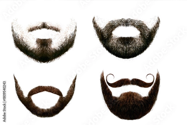 Fototapeta A collection of four distinct men's facial hair styles, including various beards and mustaches, isolated on a white background.