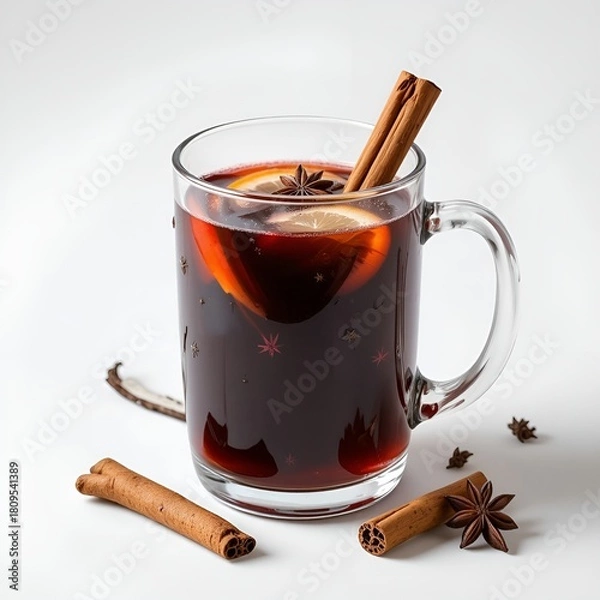 Fototapeta Mulled wine with cloves and orange white background.
