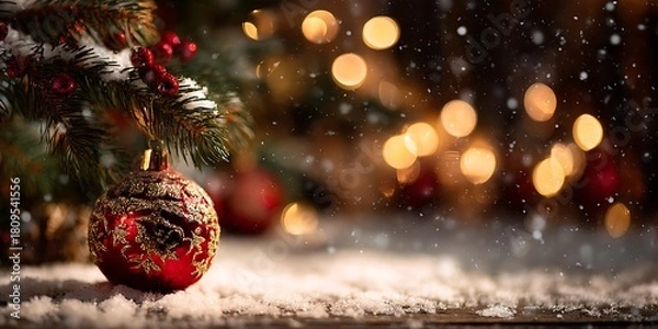 Fototapeta A christmas ornament hanging from a tree branch with snow and blurred lights in the background