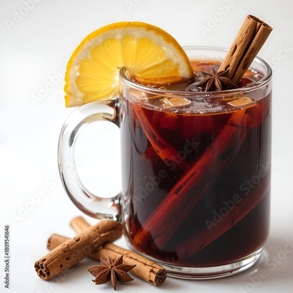 Fototapeta Mulled wine with cloves and orange white background.
