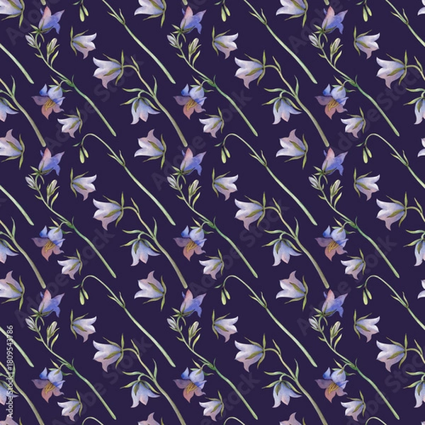 Fototapeta Seamless pattern with bluebells. Watercolor illustration with blue wildflowers on a dark blue background. Diagonal botanical background for textiles, wallpaper, dishes.