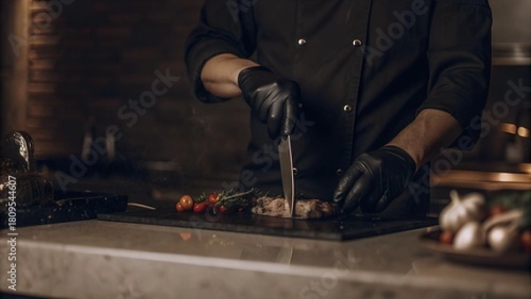 Fototapeta close up in a restaurant in a rib bar in the central hall a chef in black gloves puts mussels on a salad with tweezers