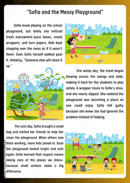 Obraz Children's story illustration of kids cleaning a park playground, promoting teamwork and environmental responsibility