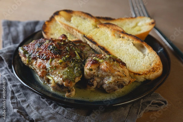 Fototapeta Baked chicken pieces in a creamy sauce with aromatic herbs