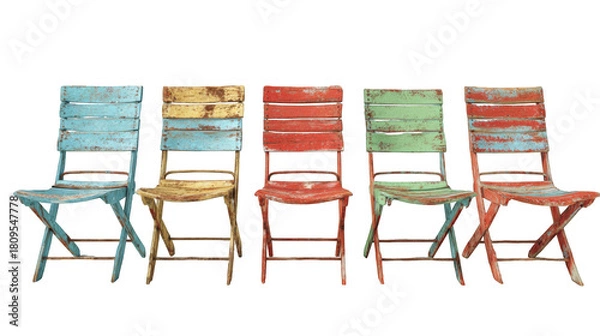 Fototapeta Colorful folding chairs in a row