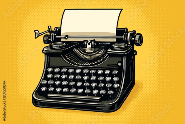 Fototapeta Classic Typewriter Nostalgia. Classic typewriter with visible keys and paper emerging from the top sits in the foreground. The yellow halftone background adds depth. Vector illustration