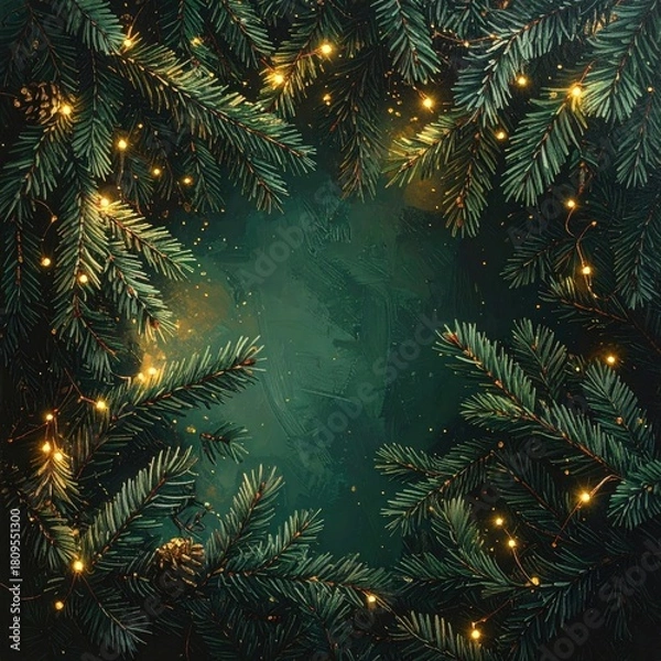 Fototapeta Festive pine boughs with twinkling lights on a dark backdrop