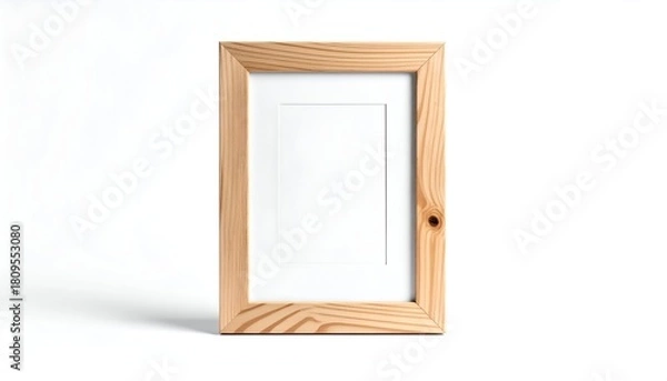 Fototapeta A rectangular, wooden photo frame, upright, empty with a white mat, set on a white background