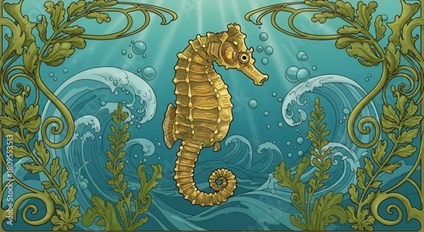 Fototapeta Golden Seahorse in an Art Nouveau Underwater World.