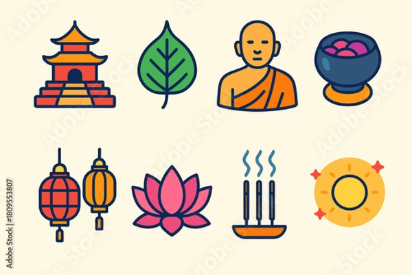 Fototapeta Sacred Journey Icons. Sacred Journey flat icons set. temple steps, Bodhi leaf, monk, offering bowl, lanterns, lotus, incense, glowing sky