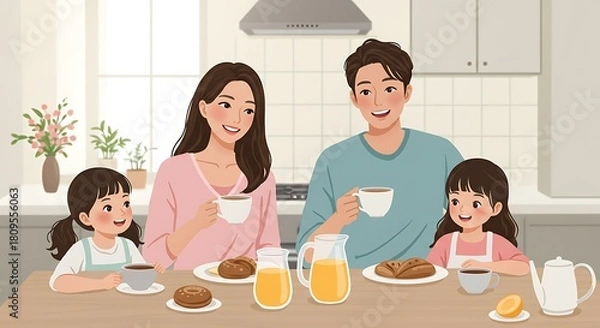 Fototapeta Happy Family Enjoying Breakfast Together in a Bright Kitchen.