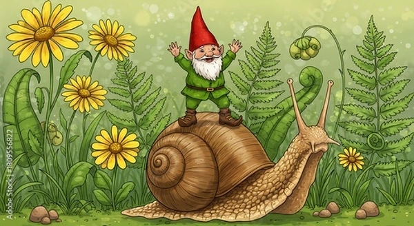 Fototapeta Happy Garden Gnome Riding a Snail Through a Lush Green Meadow with Yellow Flowers and Ferns.