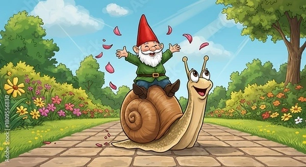 Fototapeta Happy Garden Gnome Riding a Snail on a Sunny Path with Butterflies.