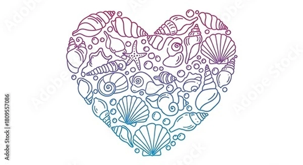 Fototapeta Heart-shaped outline illustration filled with various seashells and marine elements, gradient colors.