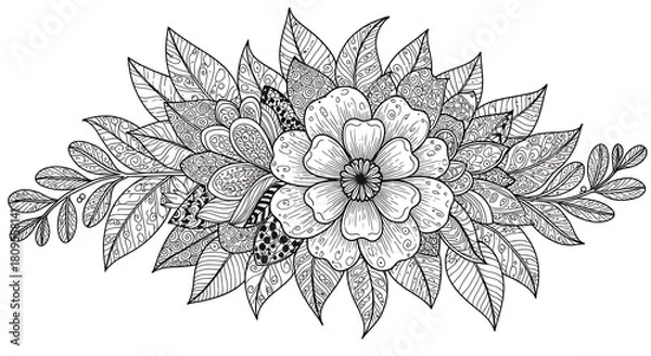 Fototapeta Intricate Hand-Drawn Floral Arrangement with Detailed Leaves and Blossoms for Coloring Books and Design Projects.